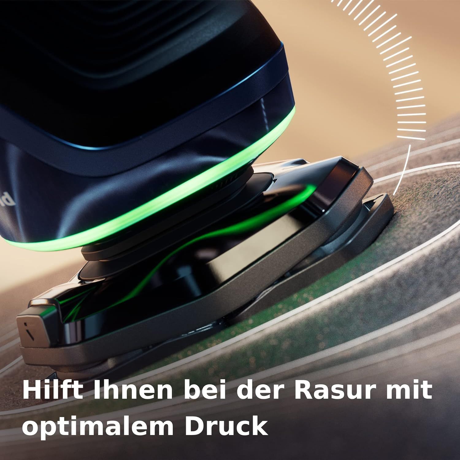 Nahaufnahme des Rasierers im Einsatz. Grüne Leuchtelemente. Text: Hilft Ihnen bei der Rasur mit optimalem Druck.