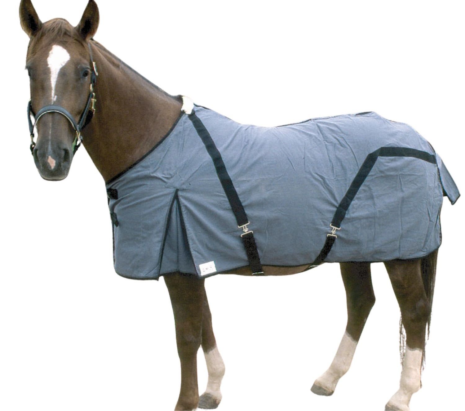 Graue AMKA Canvas Pferdedecke auf einem Pferd. Schwarze Gurte und Schnallen.