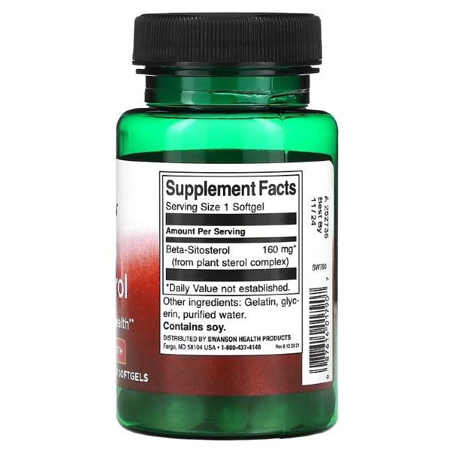 Grüne Flasche mit schwarzem Deckel. Rückseite mit Nährwertangaben: "Beta-Sitosterol 160 mg". Enthält Soja.