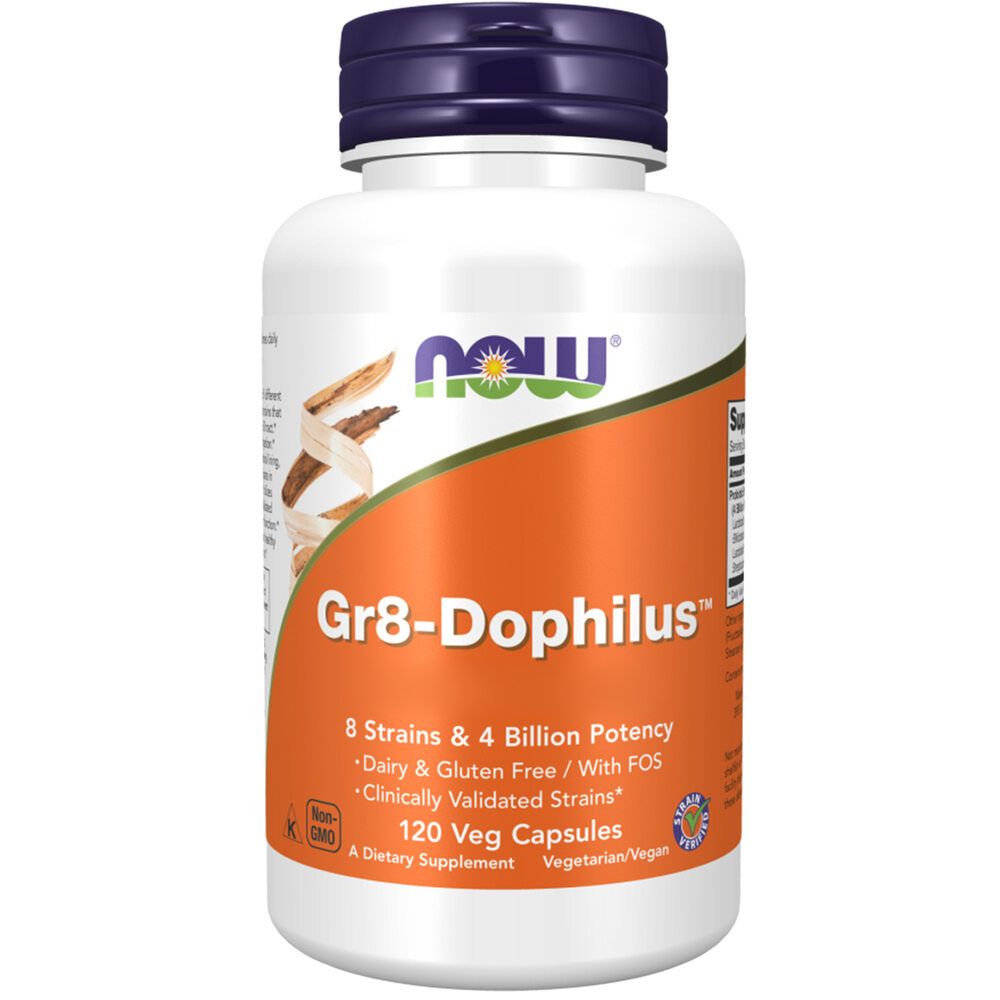 Weiße Flasche mit blauem Deckel. Orangefarbenes Etikett mit Text: NOW, Gr8-Dophilus, 8 Stämme, 120 Veg Capsules. Vegetarisch/Vegan.