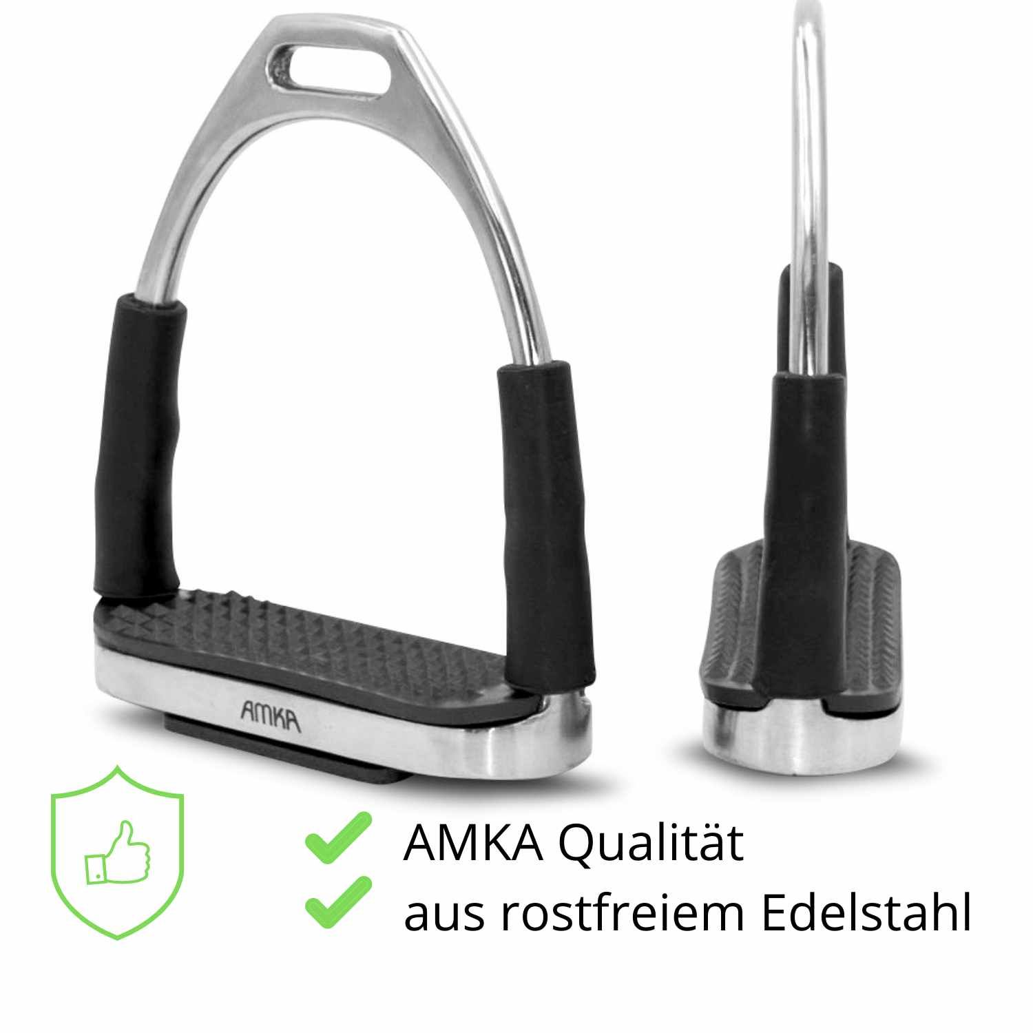 Steigbügel, AMKA-Logo. Text: AMKA Qualität, aus rostfreiem Edelstahl. Schild-Icon.