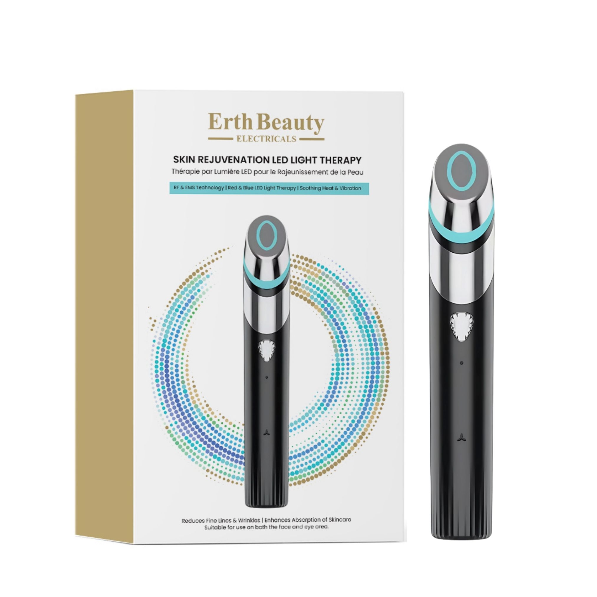 Erth Beauty LED-Lichttherapie-Gerät und Verpackung. Schwarzes Gerät mit blauem Licht. Text: Skin Rejuvenation LED Light Therapy.