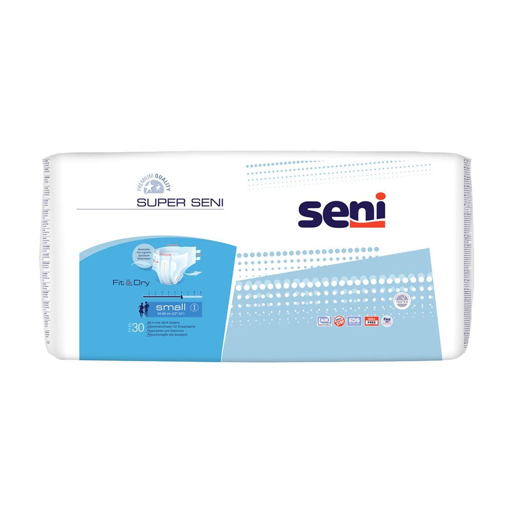 Verpackung Super Seni Windeln, Größe Small, 30 Stück. Blaue und weiße Verpackung mit Produktabbildung und Logo.
