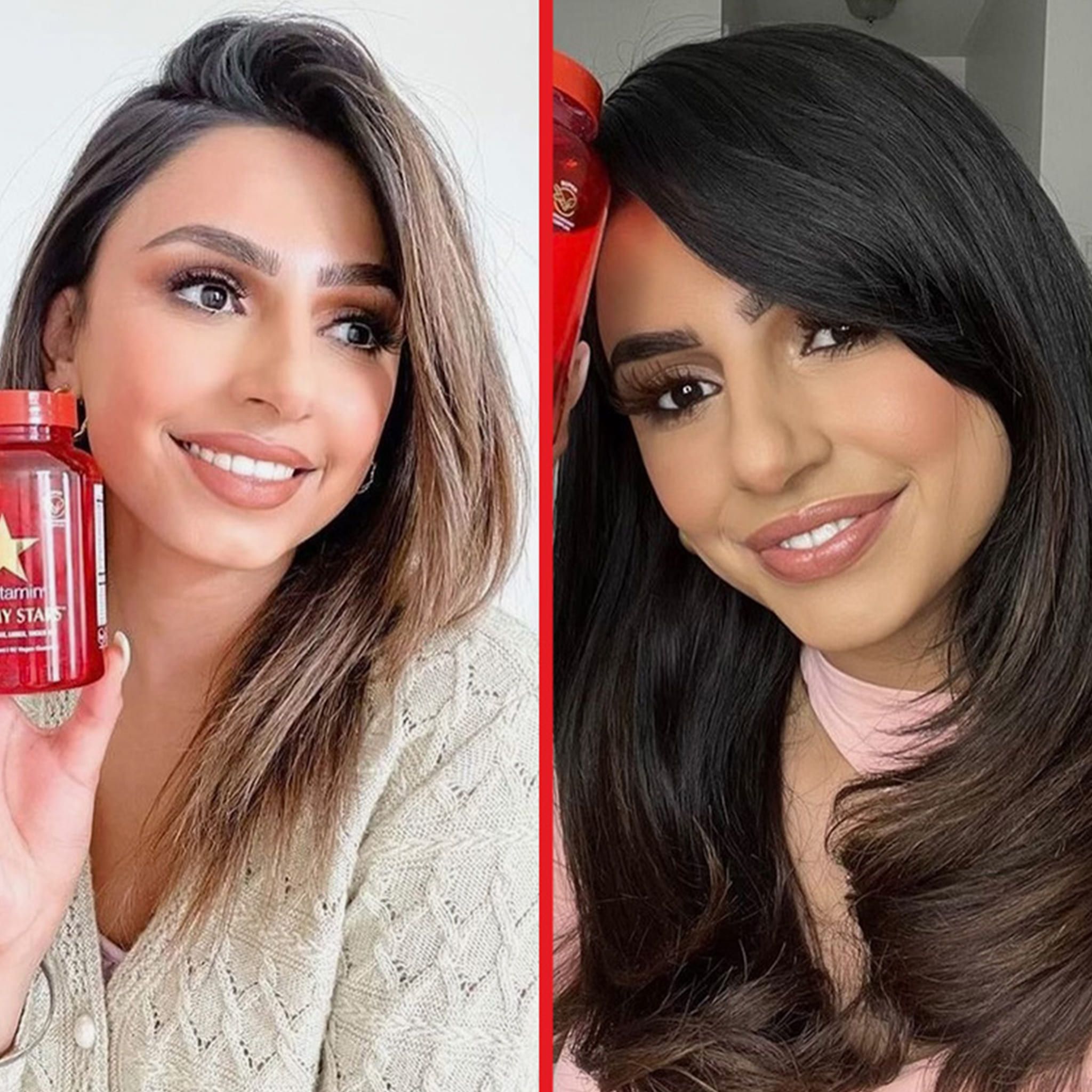 Zwei Frauen halten Flaschen von HAIRtamin Gummy Stars. Eine Frau mit hellbraunem Haar, die andere mit dunklem Haar.