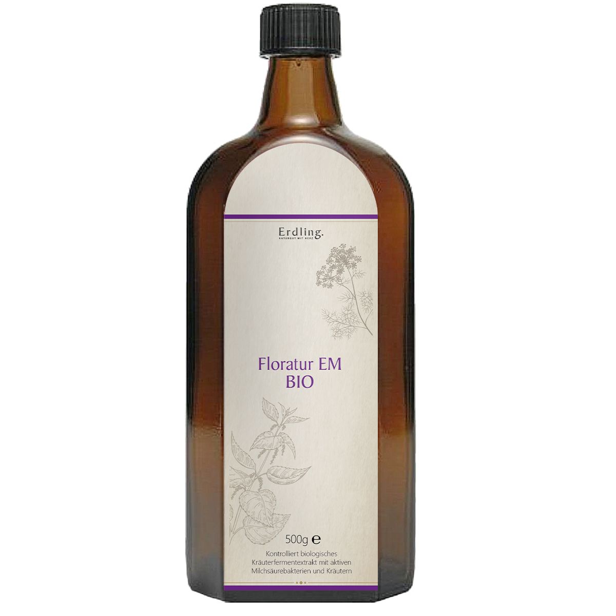 Braune Glasflasche mit schwarzem Deckel. Etikett mit Produktnamen und floralen Illustrationen. Text: Floratur EM BIO.