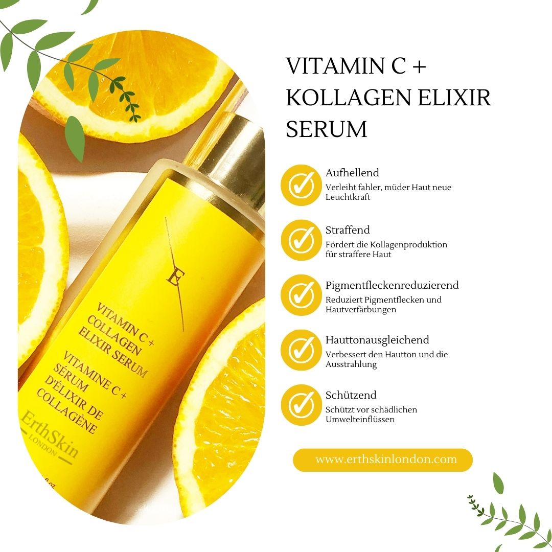 Serumflasche mit Text: Vitamin C + Kollagen Elixir Serum, umgeben von Orangenscheiben und Text.