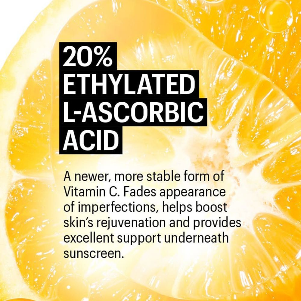 Nahaufnahme einer Zitrone. Text: 20% Ethylated L-Ascorbic Acid. Beschreibung der Vorteile von Vitamin C.