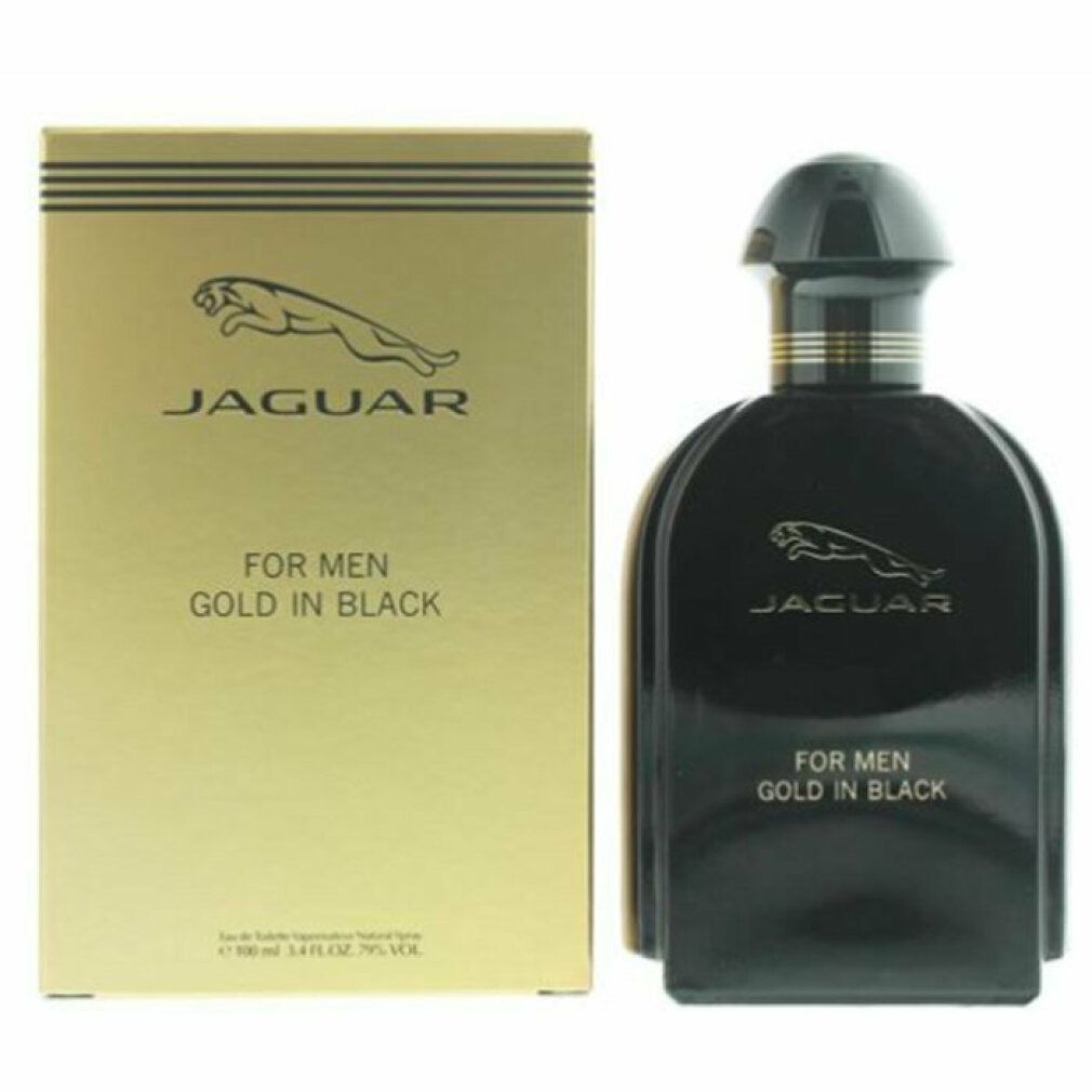 Schwarzer Flakon und goldene Verpackung. Aufschrift: Jaguar For Men Gold in Black. Logo: springender Jaguar.