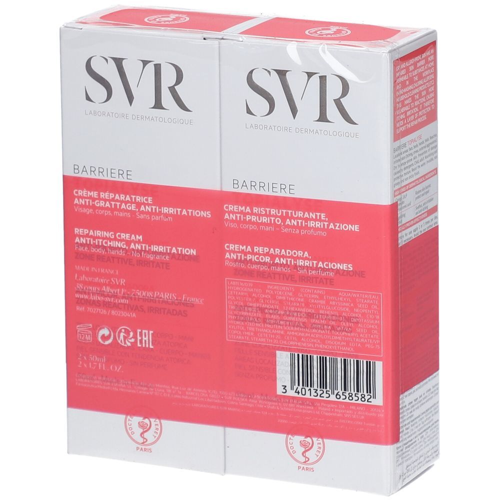 Rückseite des SVR Barriere Topialyse Duopacks. Text in mehreren Sprachen. Produktinformationen und Barcode. Weiß-rote Verpackung.