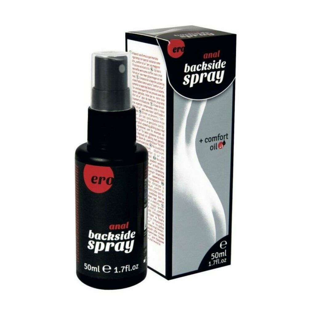 Schwarze Sprühflasche mit Ero Anal Backside Spray, 50ml. Daneben die Verpackung mit Gesäßabbildung.