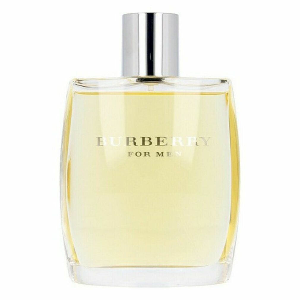 Burberry For Men Eau de Toilette. Rechteckiger Glasflakon mit silbernem Verschluss. Schriftzug Burberry For Men.