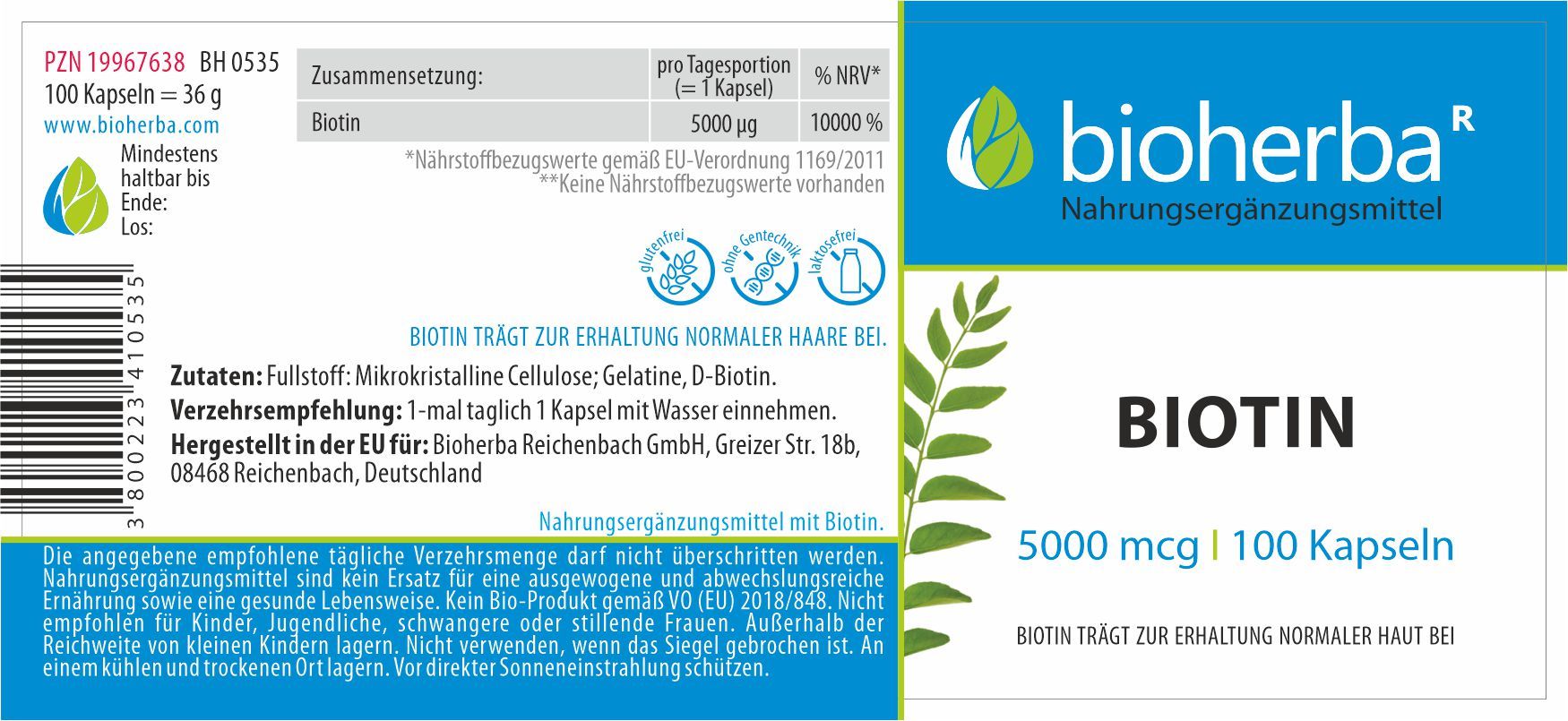 Etikett mit Produktinformationen. Bioherba Biotin Kapseln, 100 Kapseln. Enthält Biotin, 5000 mcg. Text in deutscher Sprache.