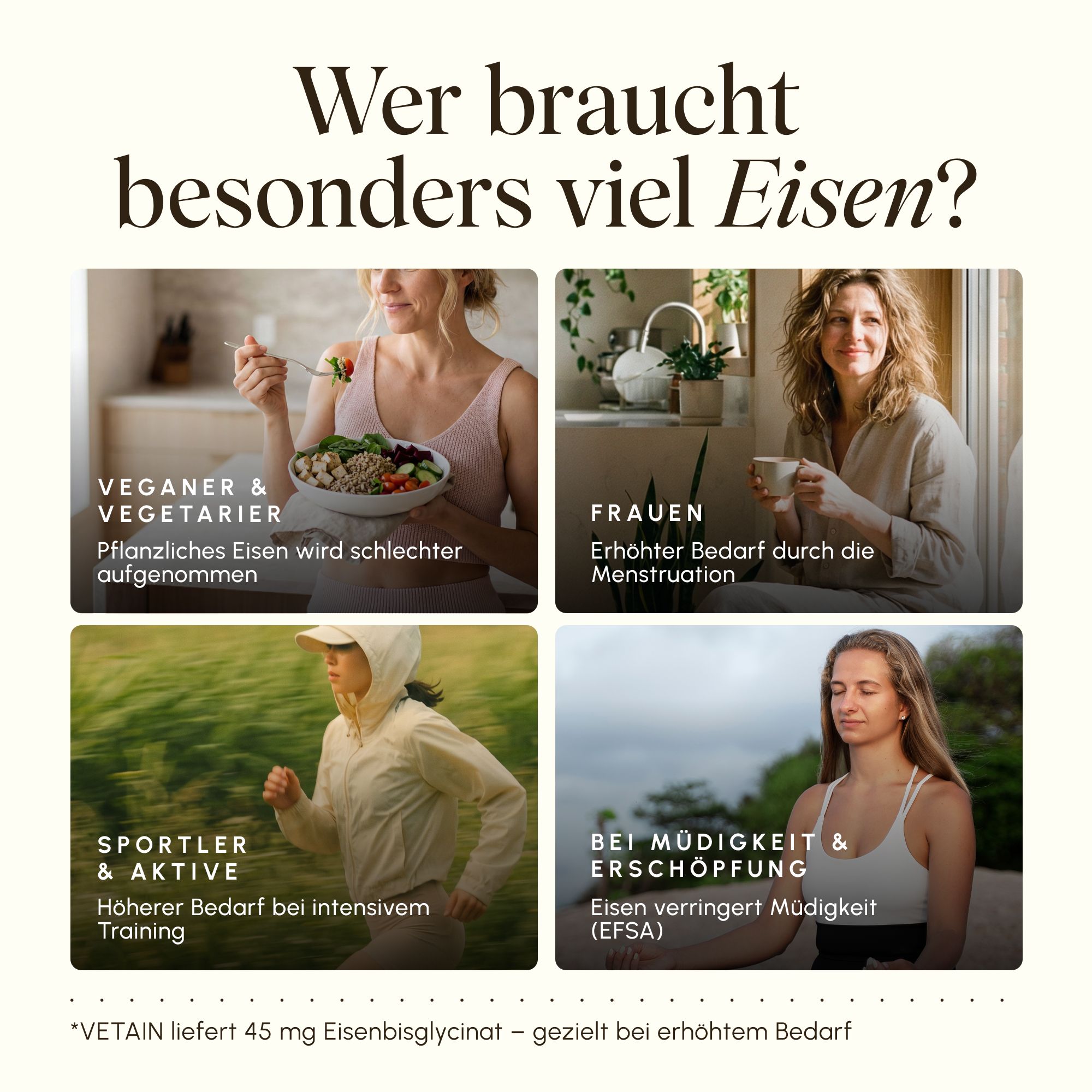 Vier Szenarien, wer Eisen braucht: Vegan, Frauen, Sportler, bei Müdigkeit.