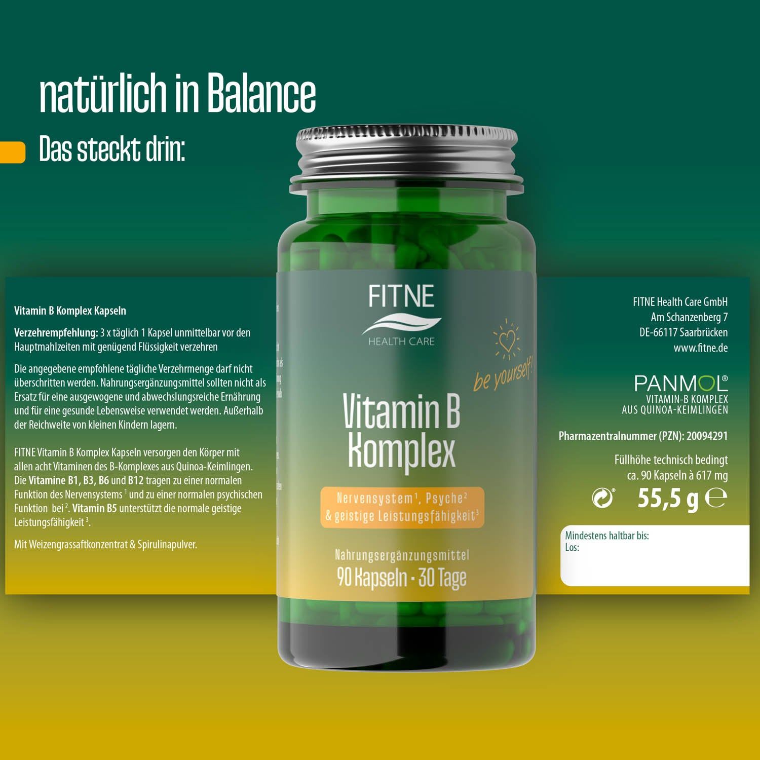 FITNE Vitamin B Komplex Kapseln. Flasche und Verpackung. Enthält 90 Kapseln. Text: 3x täglich 1 Kapsel. Frau im Hintergrund.