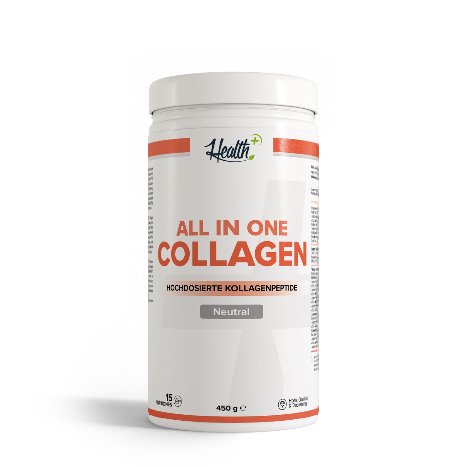Health+ All in One Collagen, 450g Dose mit neutralem Geschmack.