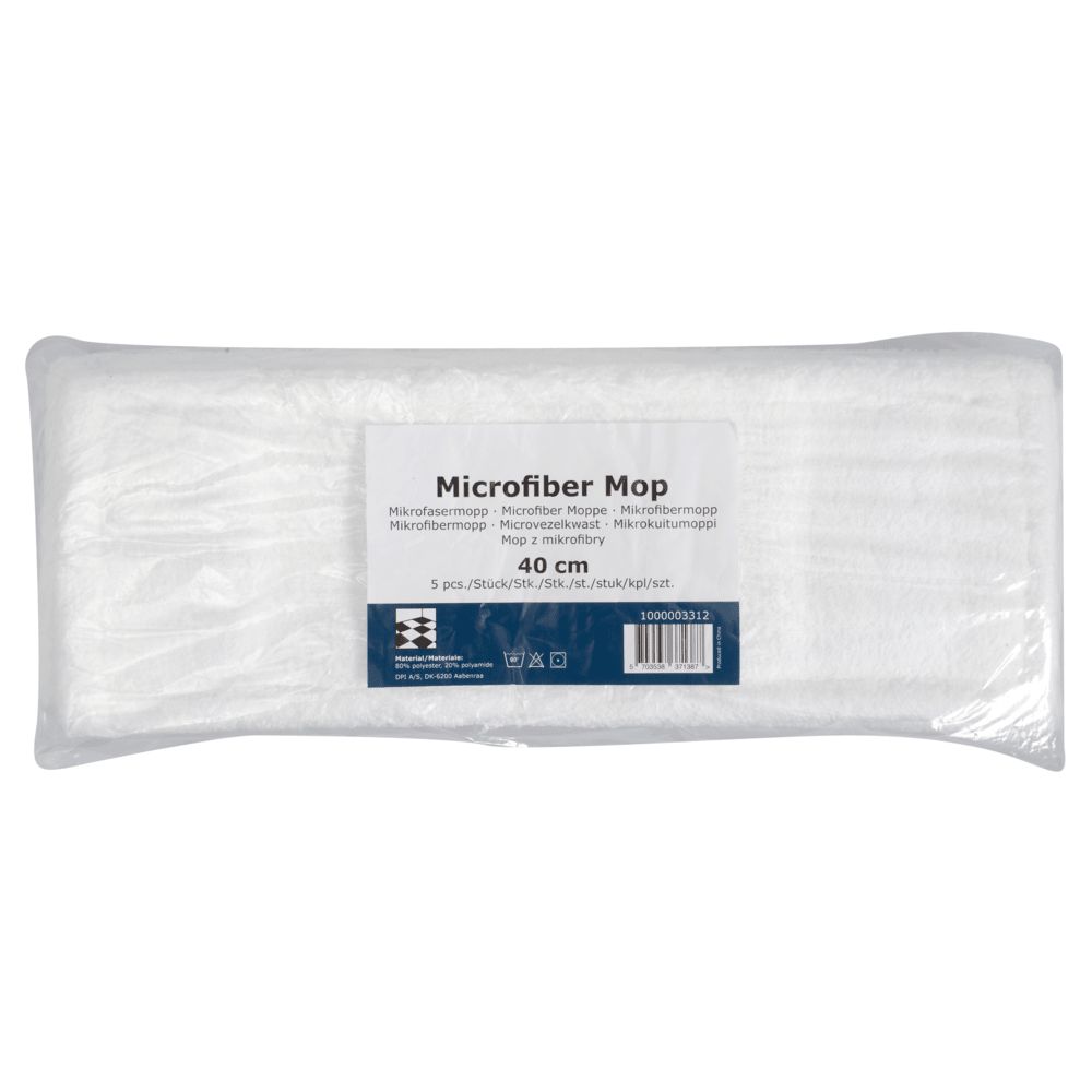 Mikrofasermopp-Set in Folienverpackung. Enthält 5 Stück. Aufschrift: Microfiber Mop, 40 cm. Mit Barcode und Logo.