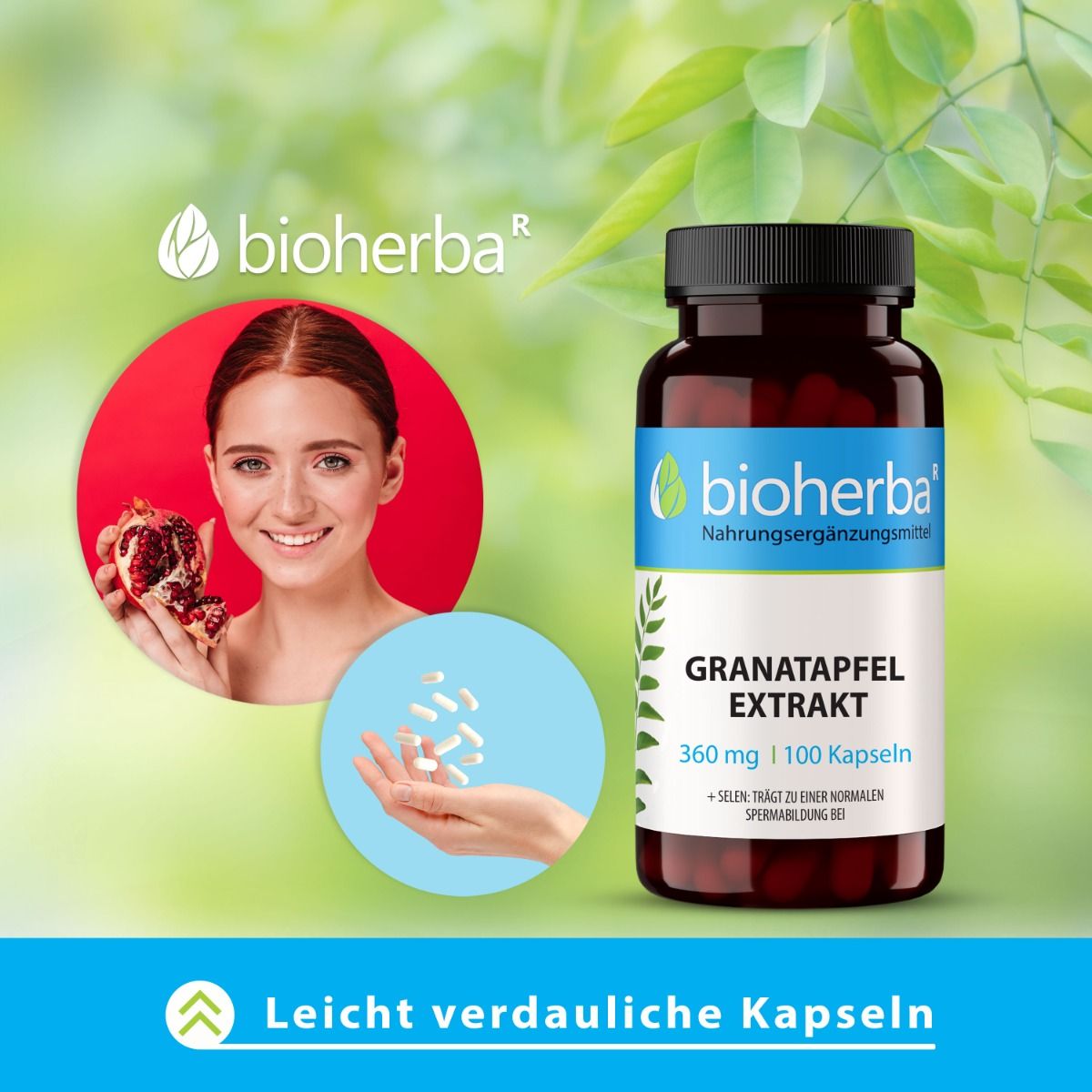 Braune Kapseln in einer braunen Flasche mit schwarzem Deckel. Frau hält Granatapfel und Kapseln. Etikett mit Produktname. Logo Bioherba.