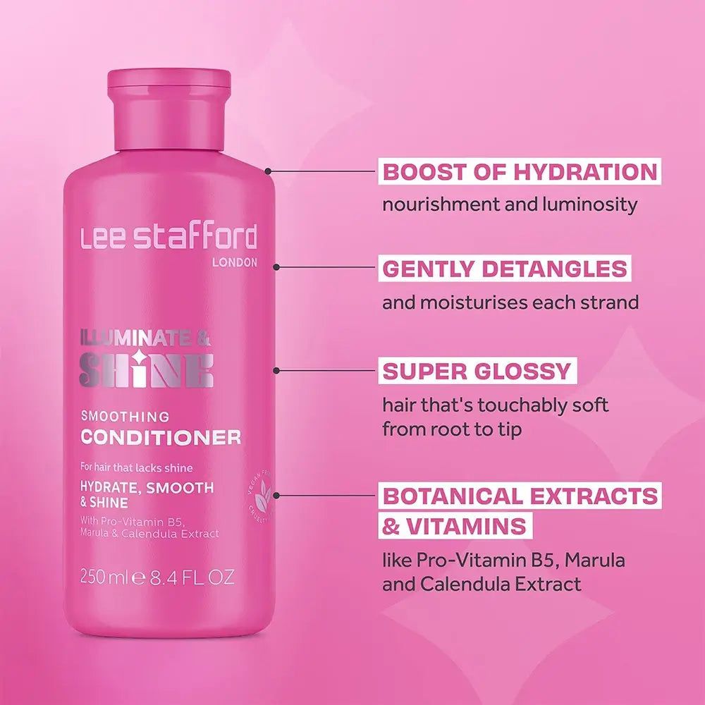 Eine pinke Flasche Lee Stafford Spülung mit Infoboxen zu Vorteilen wie Feuchtigkeit und Entwirrung.