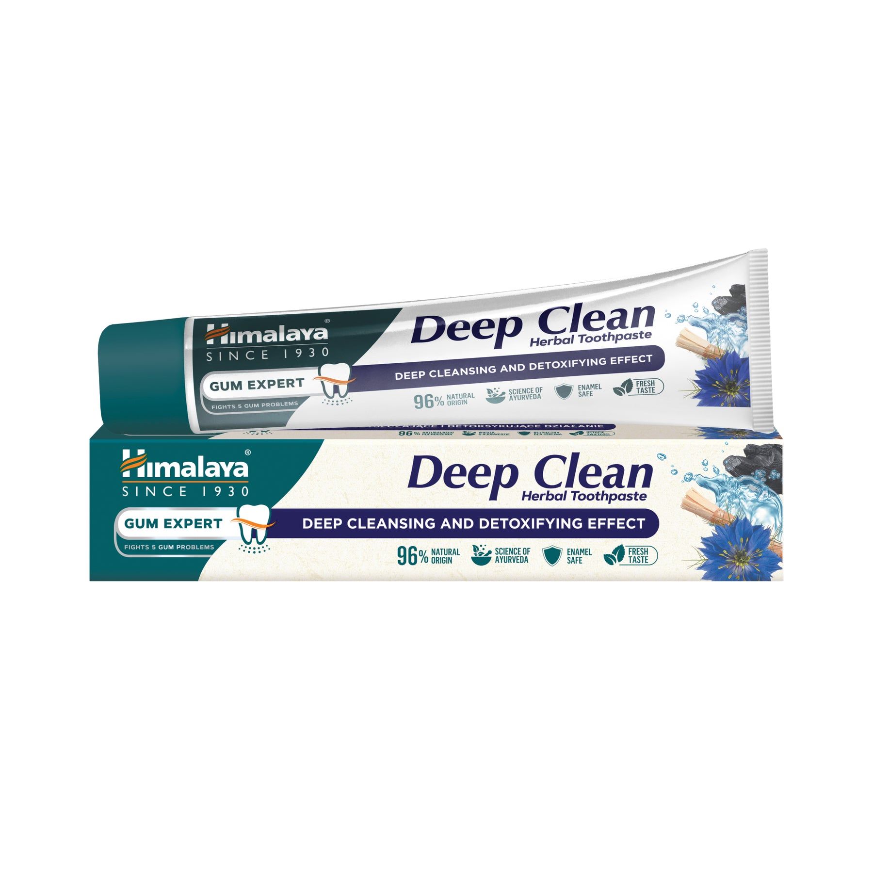 Zahnpasta-Tube und -Schachtel. Aufschrift: Himalaya Gum Expert Deep Clean. Enthält 96% natürliche Inhaltsstoffe. Kräuterzahnpasta.