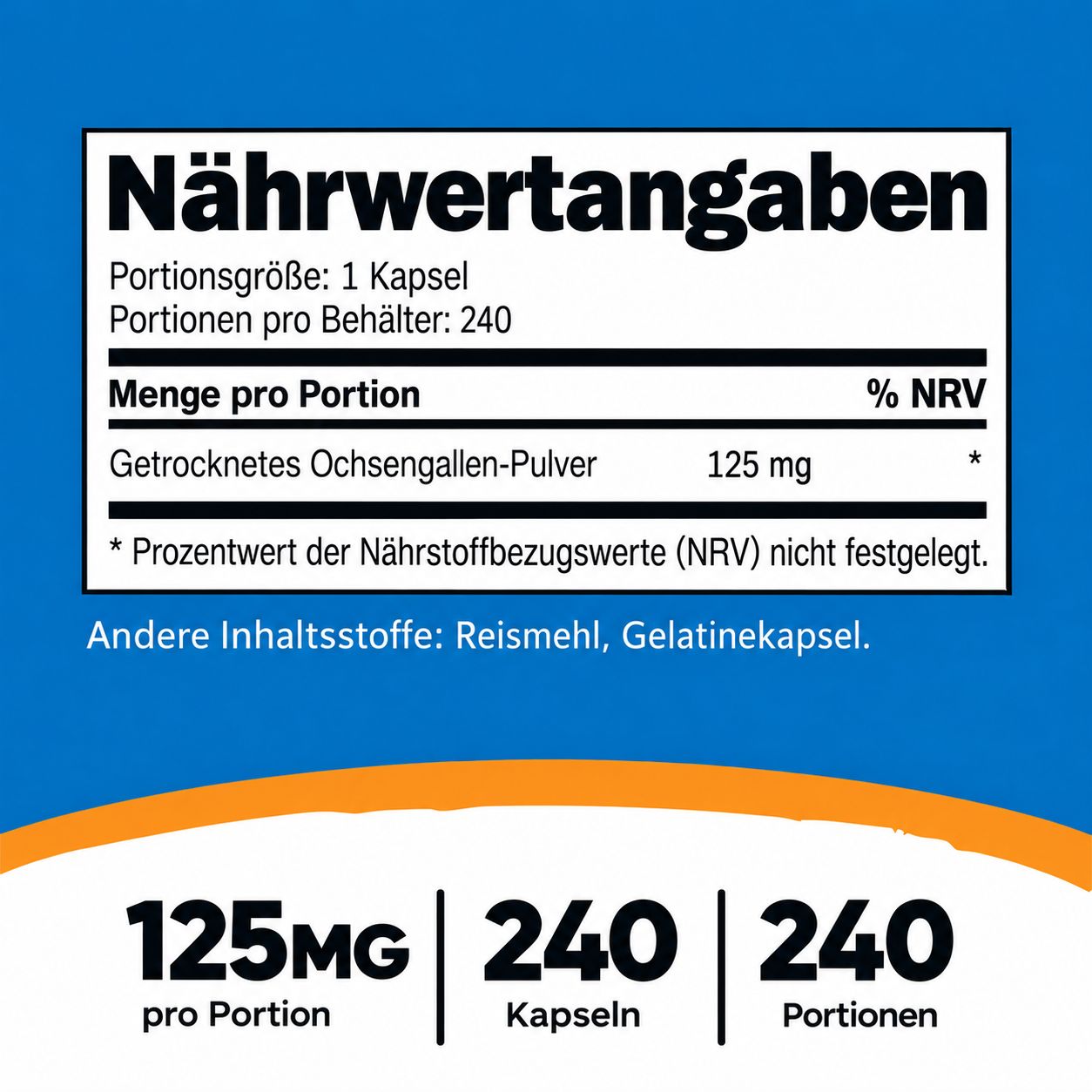 Nährwertangaben für Kapseln mit getrocknetem Ochsgallen-Pulver, 125mg, 240 Portionen.