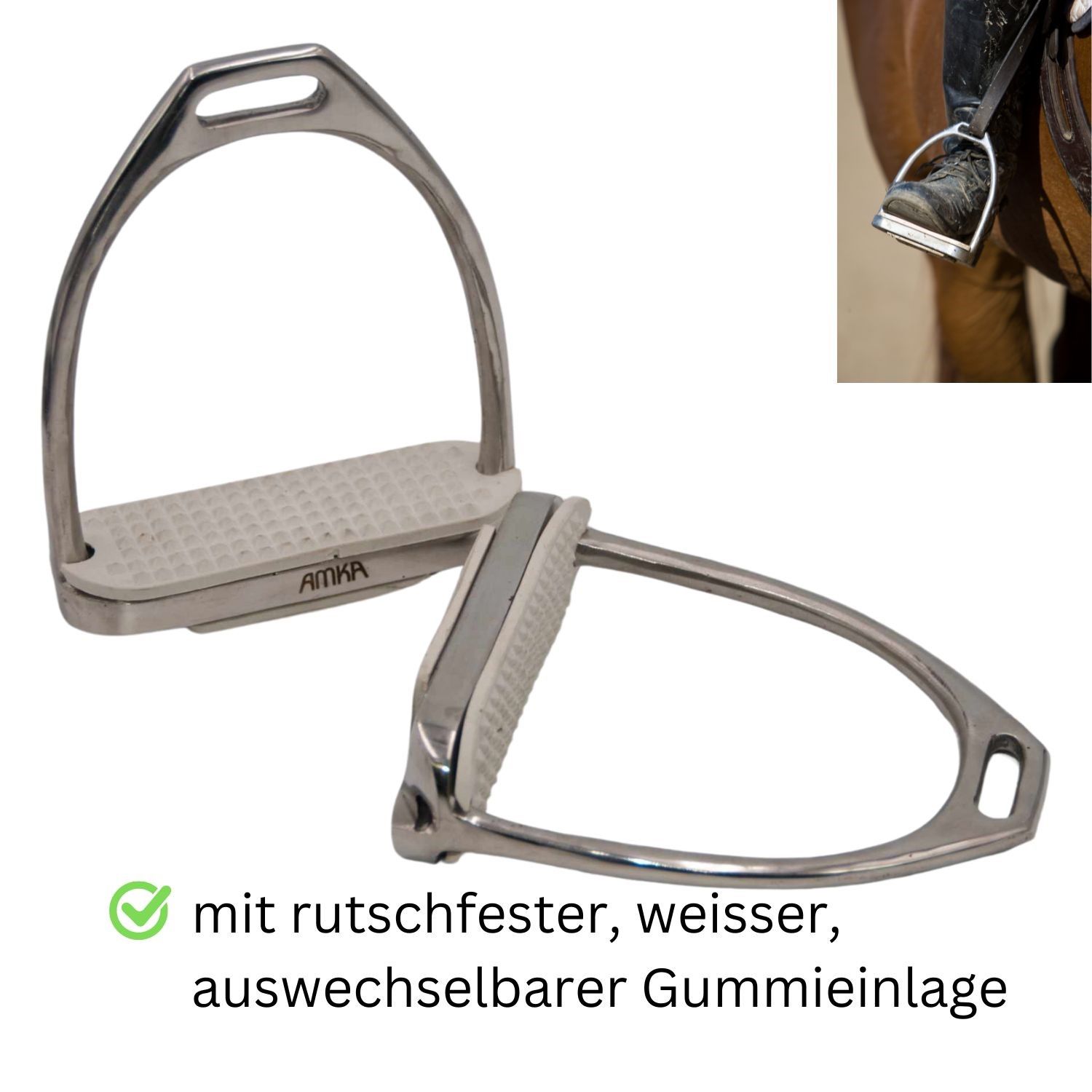 Zwei Steigbügel mit weißer Gummieinlage. AMKA-Logo sichtbar. Rutschfeste Oberfläche. Metallrahmen. Detailansicht eines Steigbügels am Pferd.