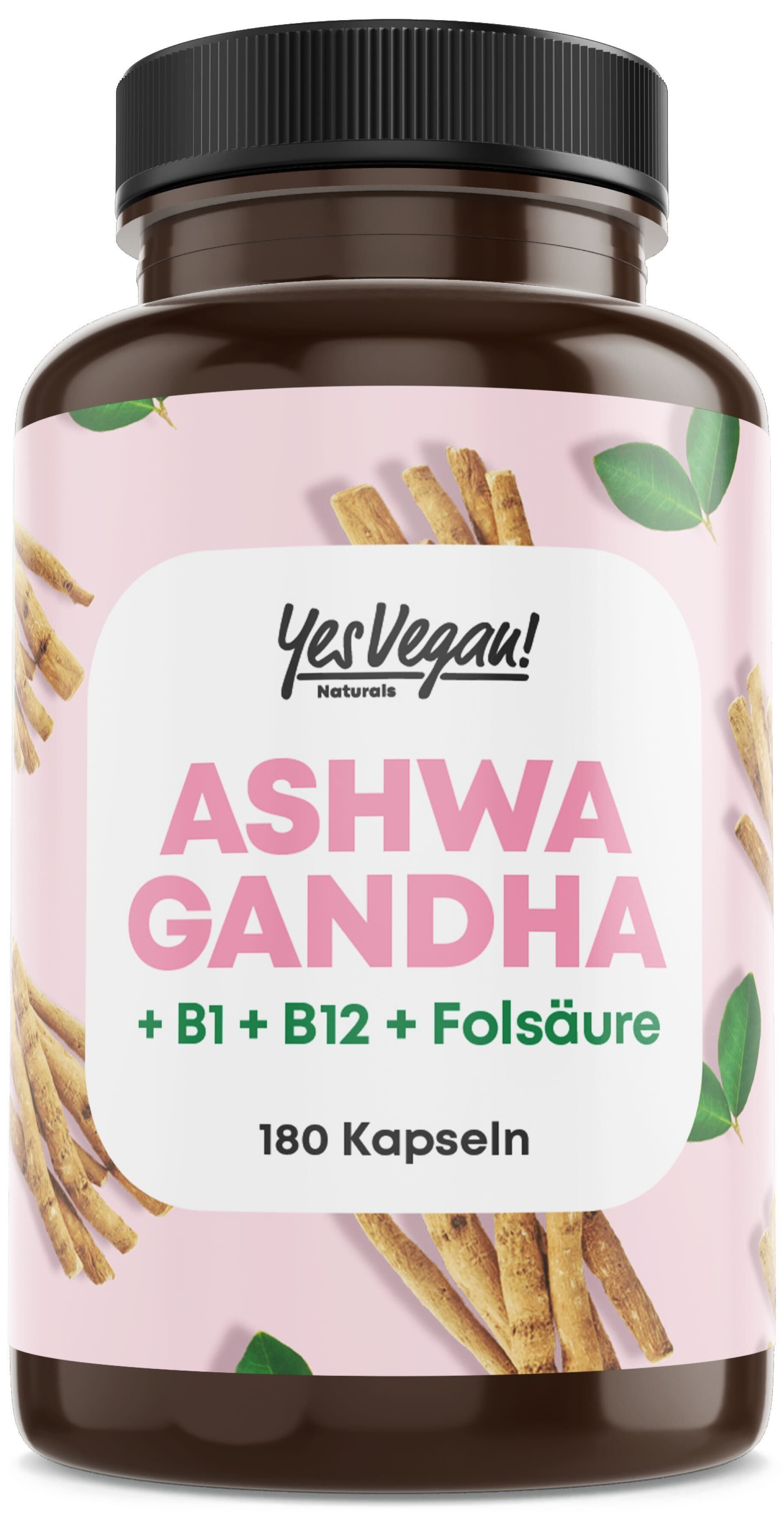 Braune Flasche mit Ashwagandha Kapseln. Rosa Etikett mit Produktnamen und Inhaltsstoffen.