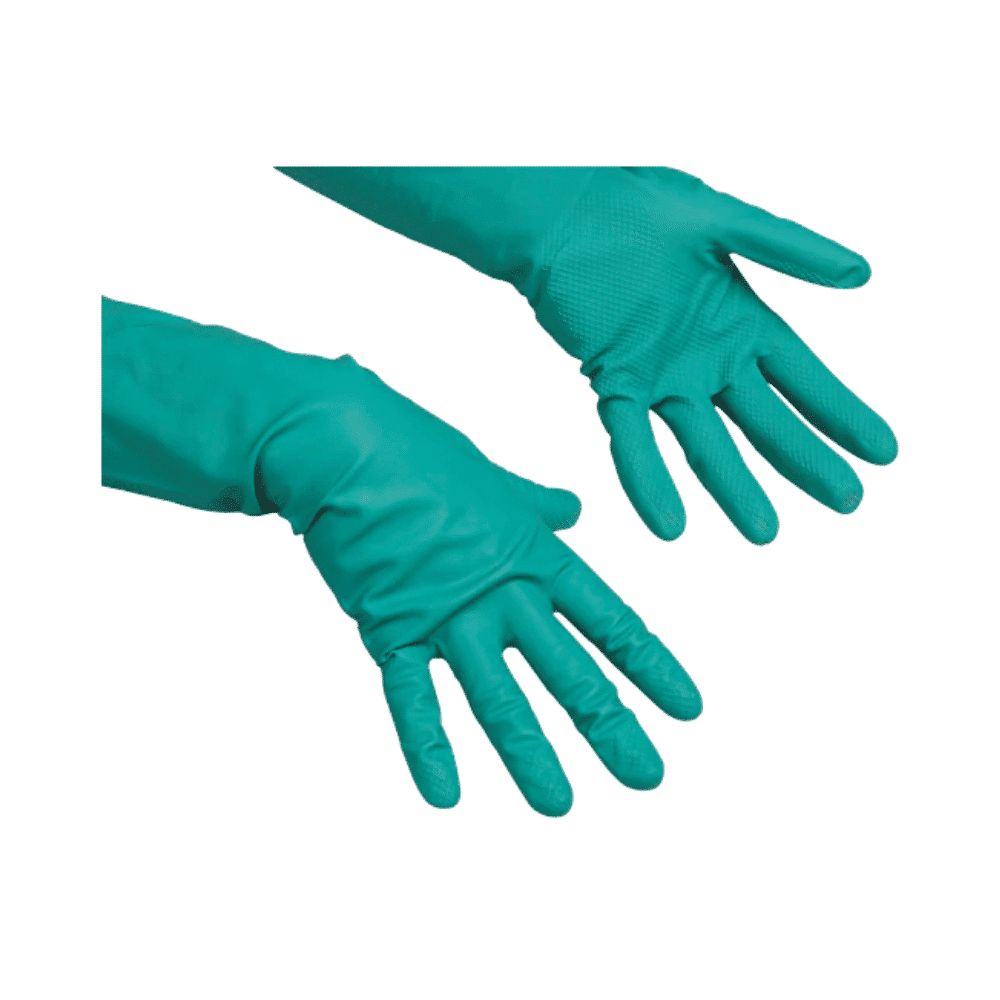 Zwei grüne Handschuhe, die Hände zeigen. Die Handschuhe haben eine strukturierte Oberfläche. Lange Ärmel.