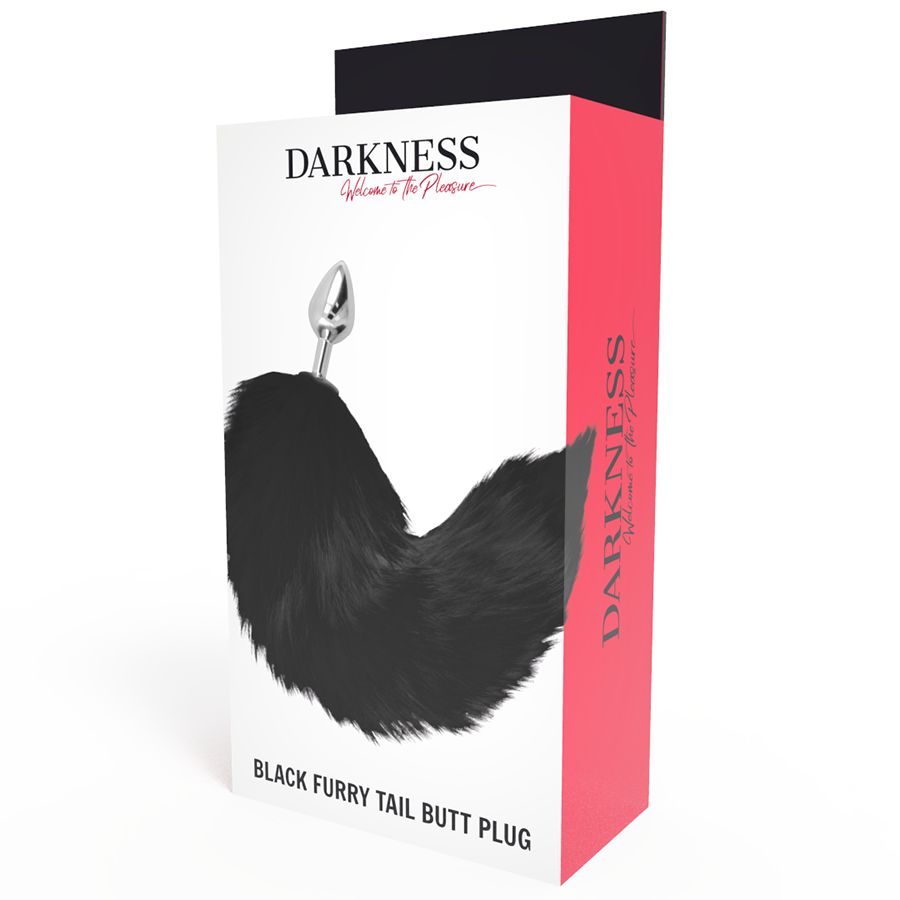 Verpackung mit Analplug und Fellschwanz. Aufschrift: DARKNESS, Black Furry Tail Butt Plug.