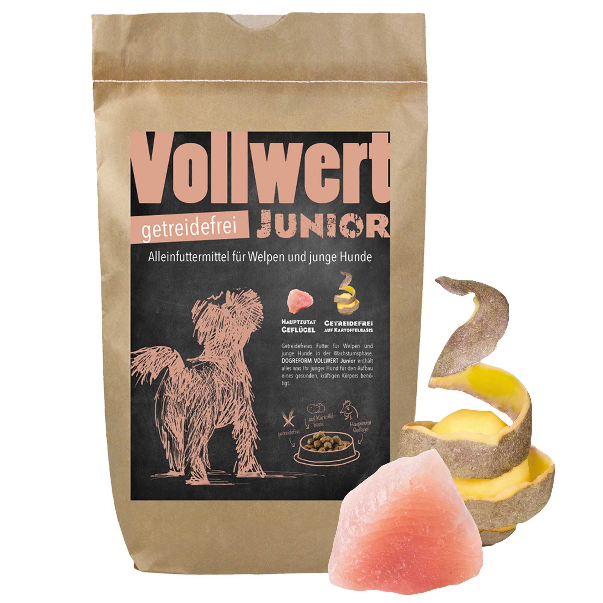 Braune Papiertüte mit rosa Aufschrift "Vollwert Junior". Abbildung eines Hundes, Fleisch und Kartoffelschale.