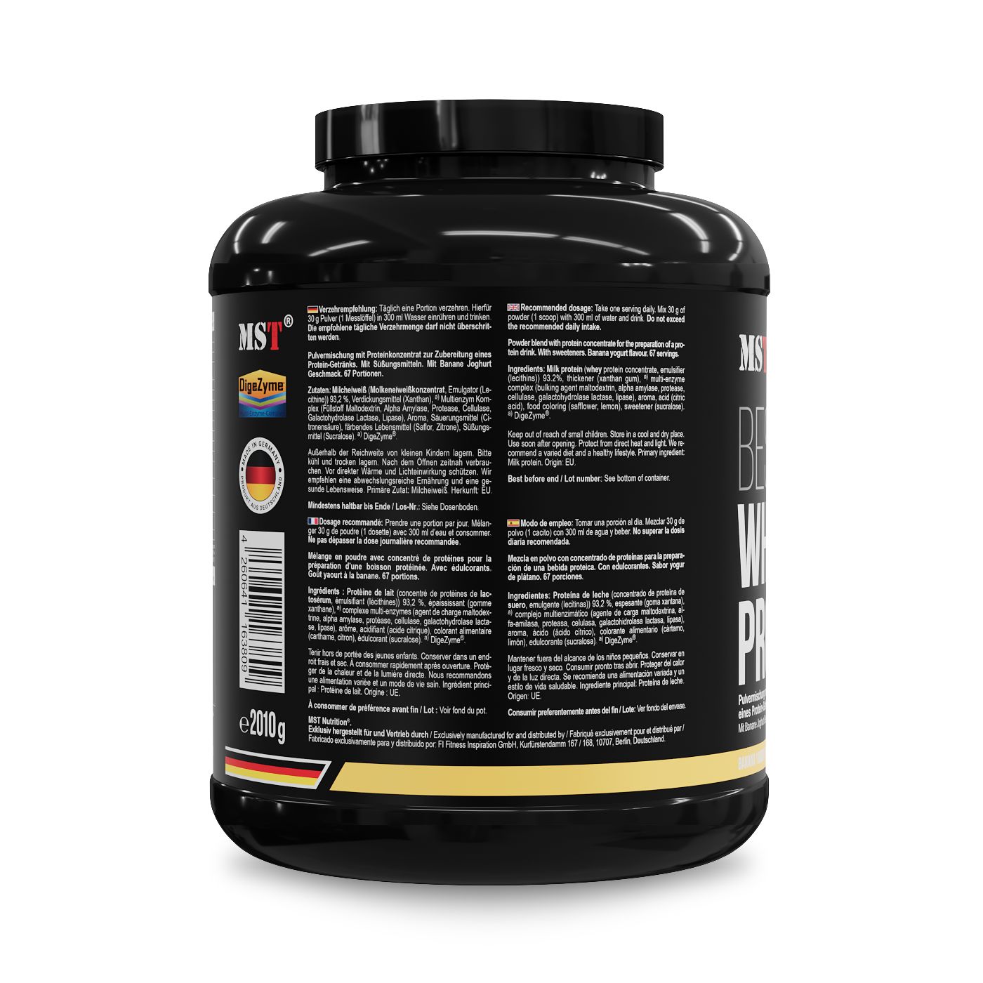 Rückseite eines schwarzen MST Best Whey Protein Behälters mit detaillierten Nährwertangaben und Inhaltsstoffen.