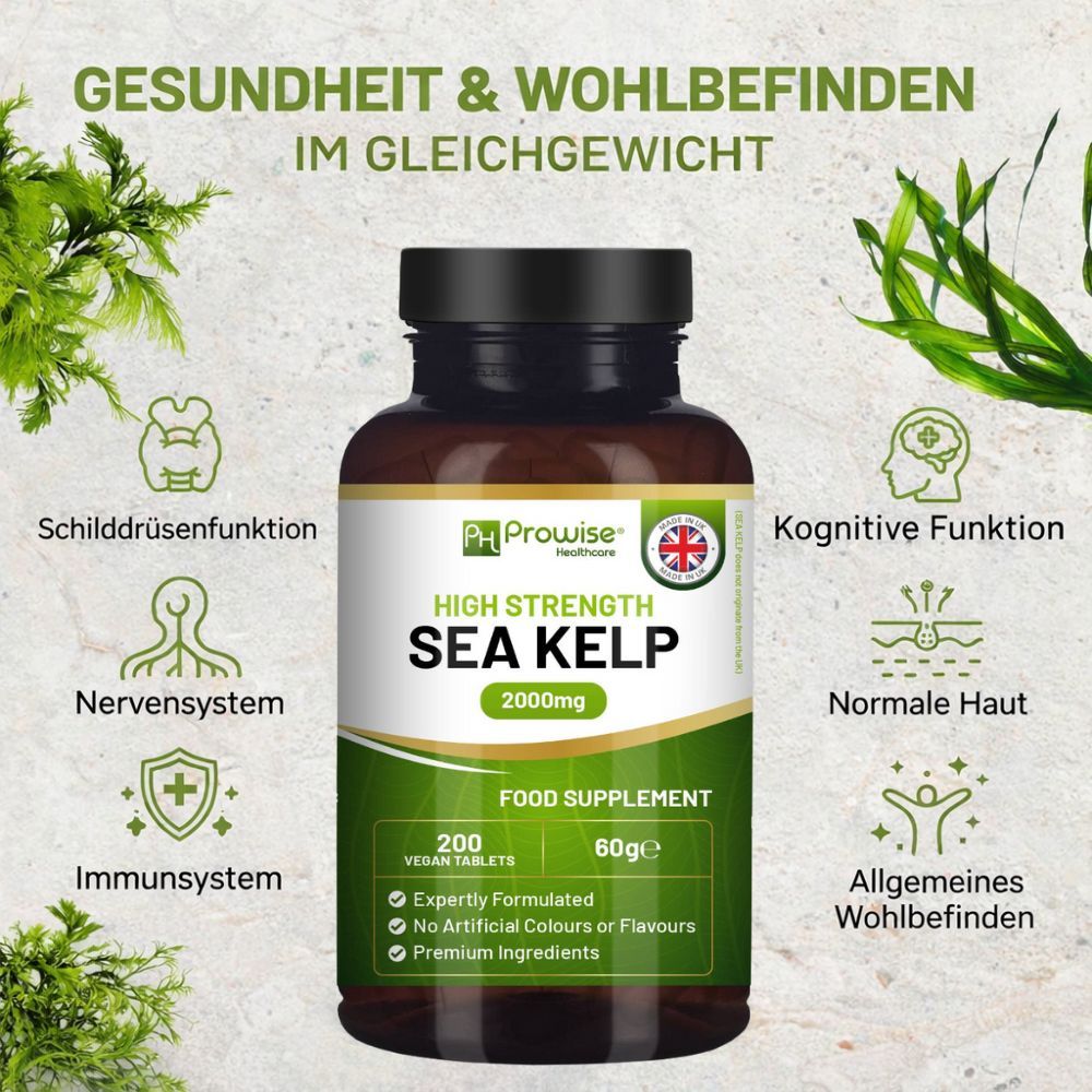Braune Flasche mit grünem Etikett. Text: High Strength Sea Kelp 2000mg. 200 vegane Tabletten. Food Supplement. Gesundheits- und Wohlbefinden.