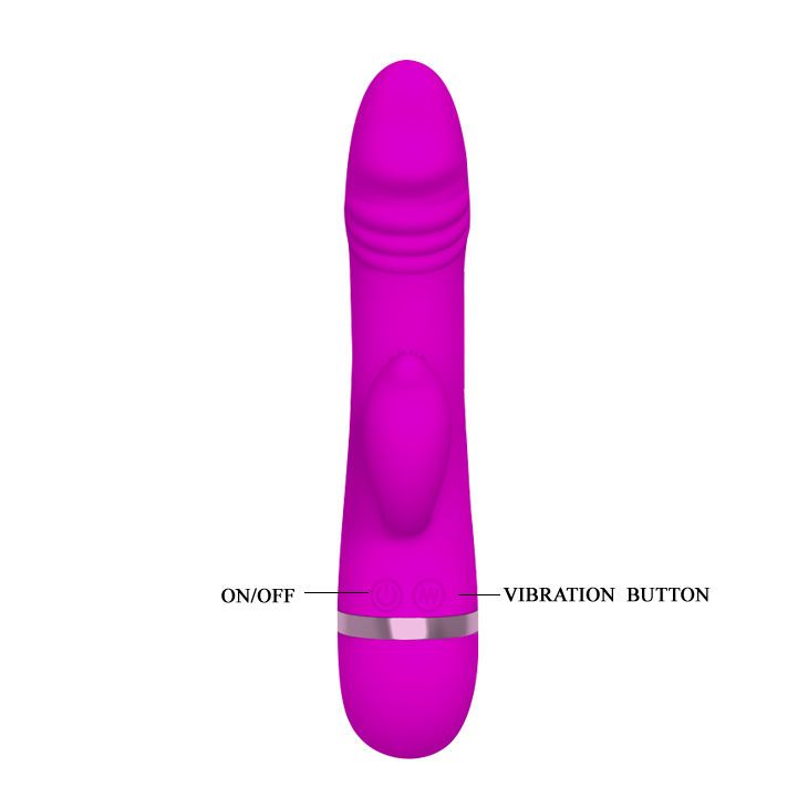 Lila Vibrator mit Kaninchenohren. Beschriftung: ON/OFF, Vibration Button.