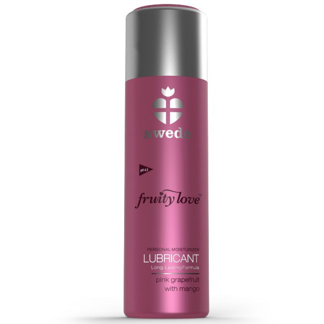 Pinkfarbene Flasche mit silbernem Deckel. Aufschrift "swede fruity love" und "LUBRICANT".
