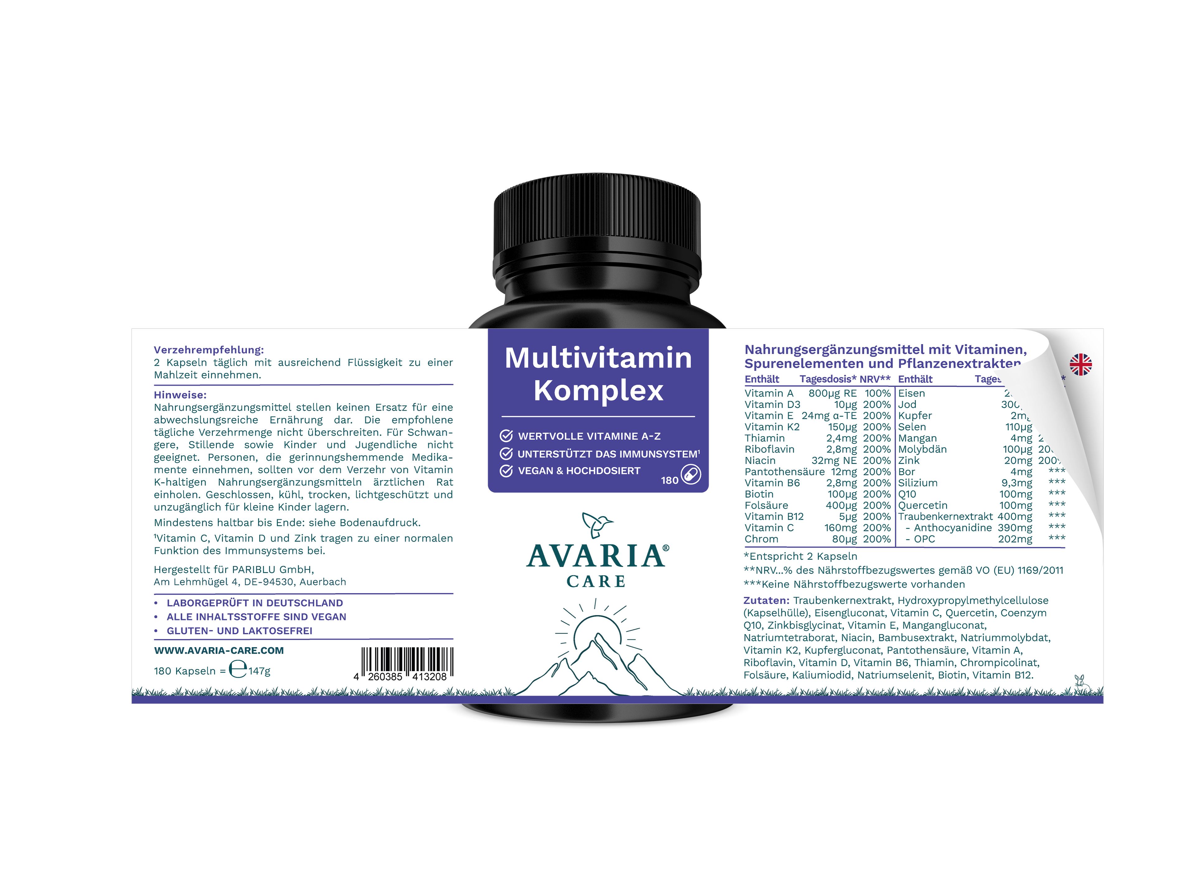Rückseite der Flasche AVARIA CARE Multivitamin Komplex. Inhaltsstoffe und Nährwertangaben.