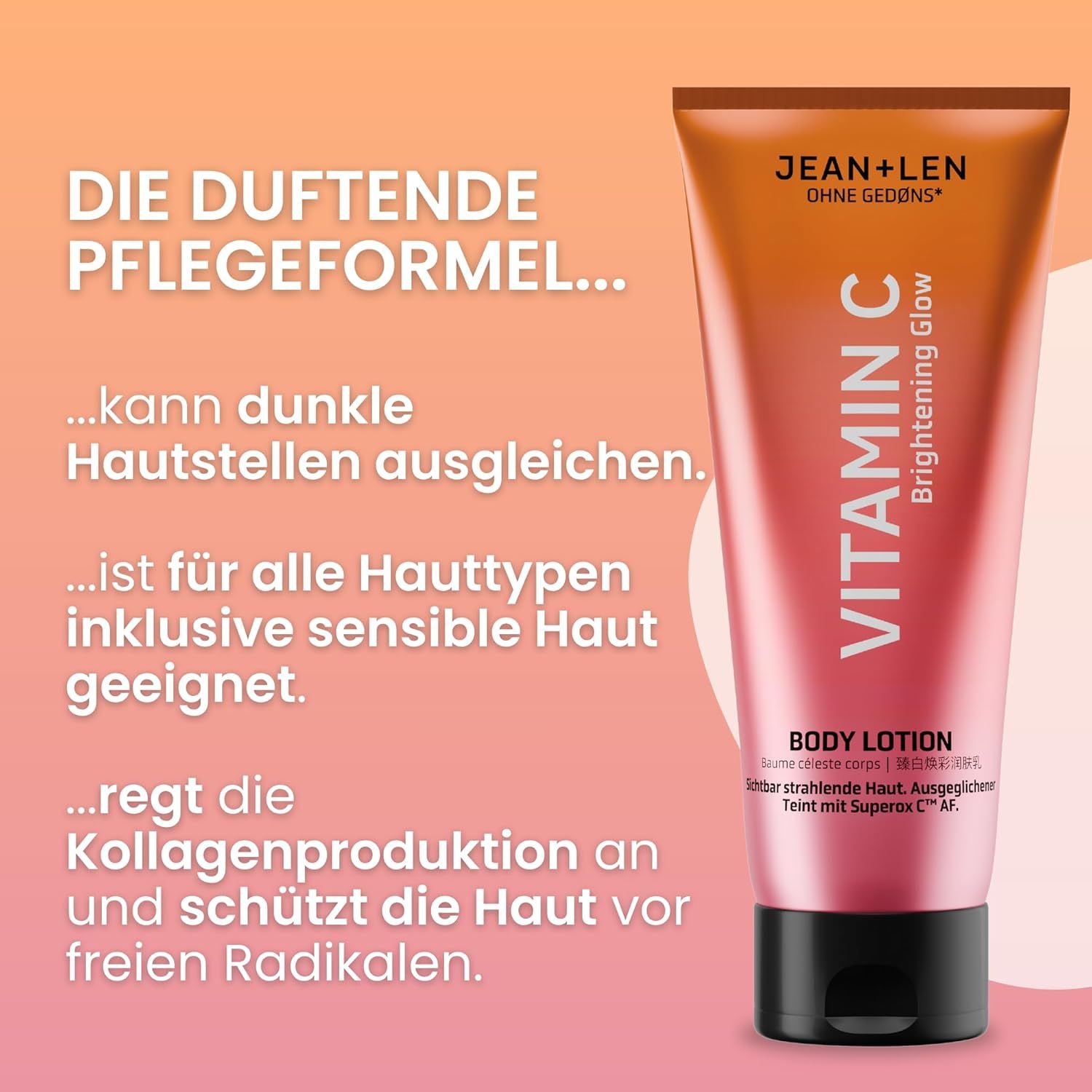 Tube Body Lotion Vitamin C, Marke Jean & Len. Farbverlauf von Orange nach Rosa. Text: Vitamin C, Body Lotion, Text in Deutsch.