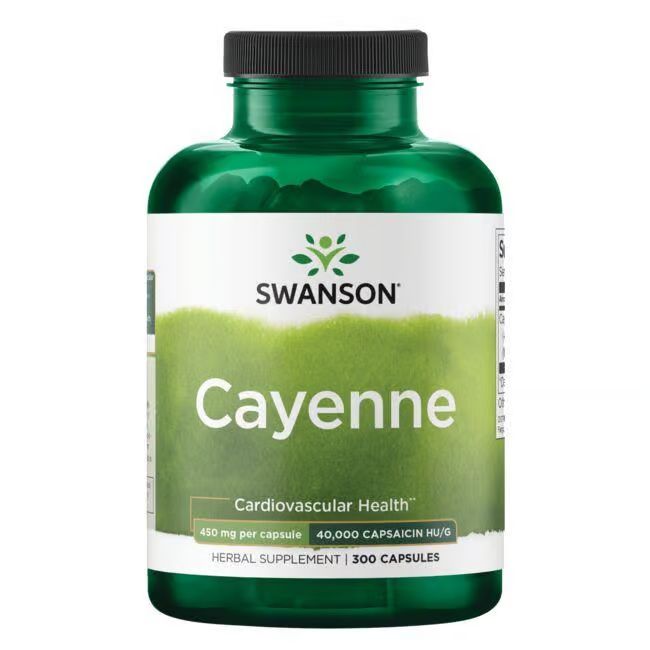 Grüne Flasche mit schwarzem Deckel. Aufschrift: SWANSON Cayenne, 450 mg pro Kapsel, 300 Kapseln. Grün-weißer Hintergrund.