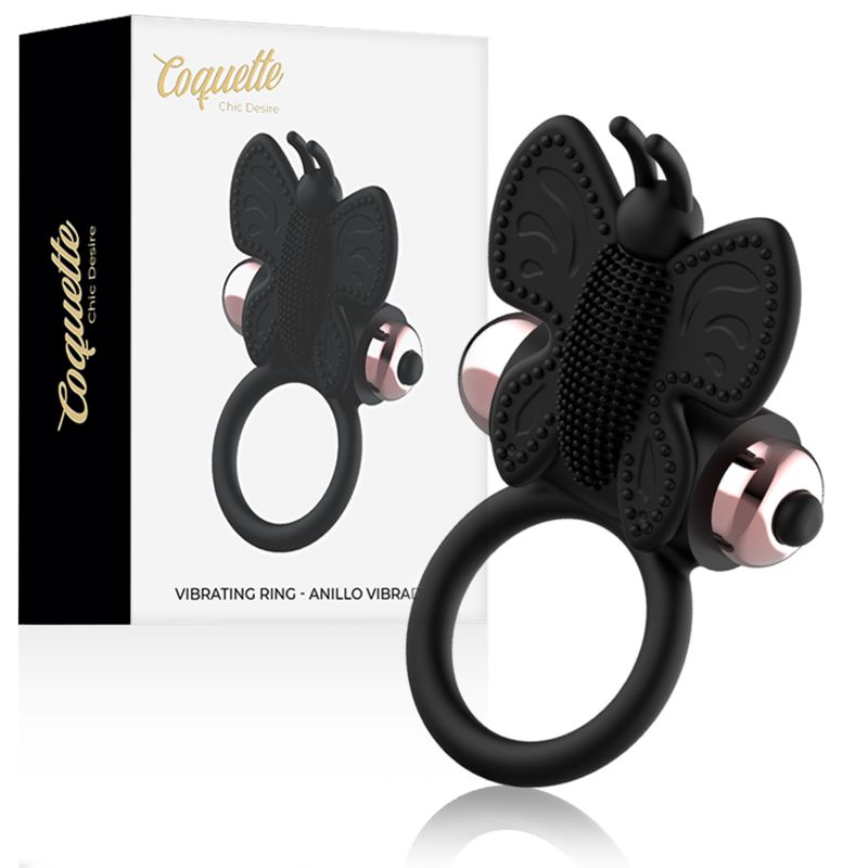 Vibrationsring mit Schmetterlingsdesign, Verpackung mit Produktname und Logo.