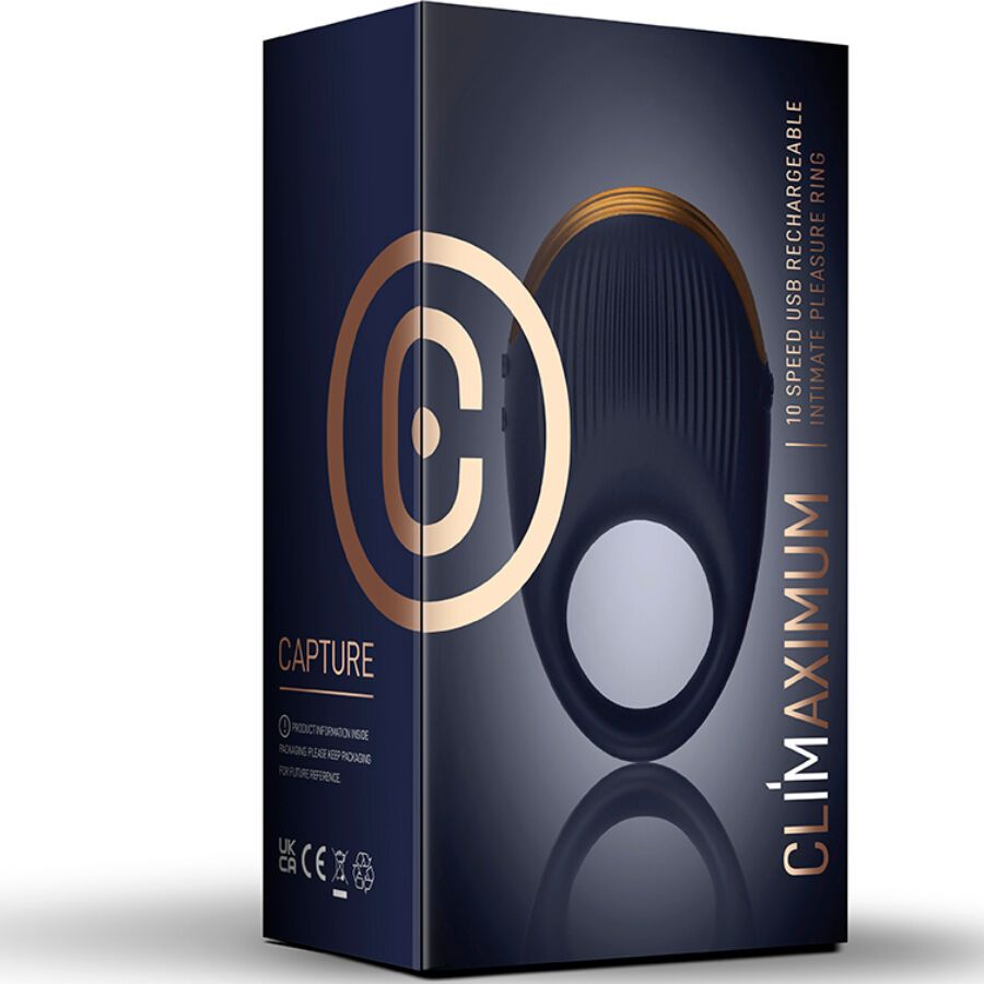 Produktverpackung mit Paarring. Aufschrift: CLIMAXIMUM, CAPTURE, 10 SPEED USB RECHARGEABLE INTIMATE PLEASURE RING.