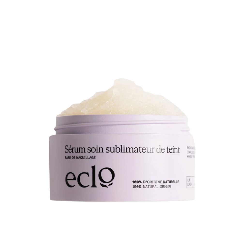 Offene Dose mit Serum. Aufschrift: Sérum soin sublimateur de teint, eclo, 100% d'origine naturelle.