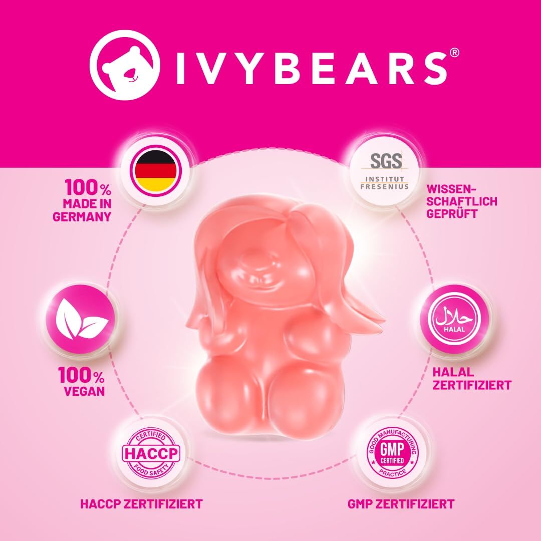 Pinkfarbener Hintergrund mit einem Gummibärchen. Logos und Zertifizierungen.