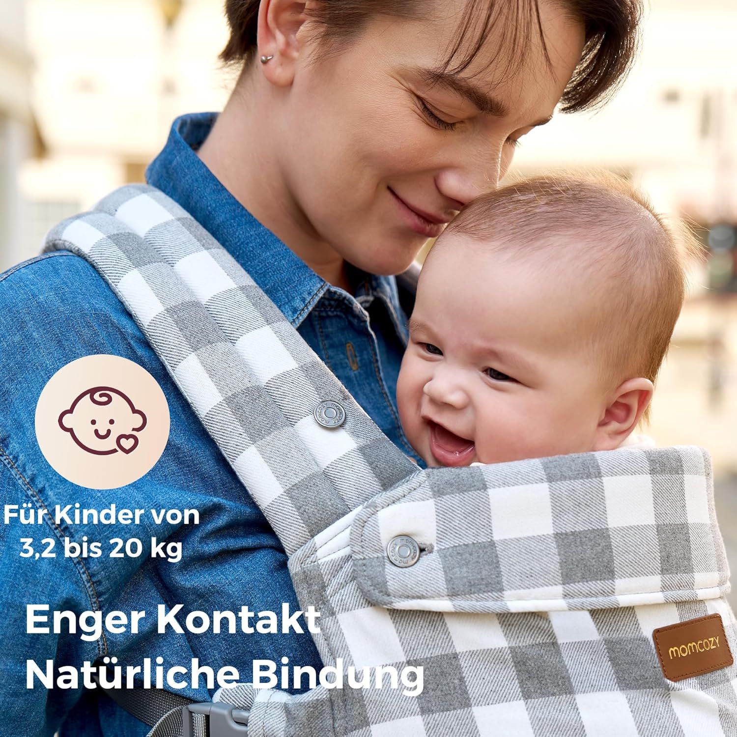 Momcozy Baby Trage - Leichte & Atmungsaktive Karomuster-Blau-Grau