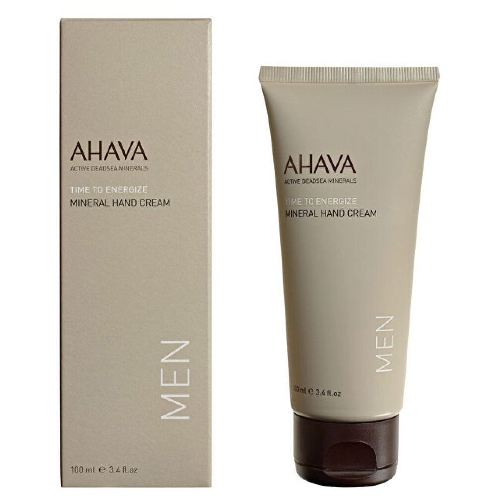 AHAVA TIME TO ENERGIZE Mineral Hand Cream für Männer, Tube und Verpackung. Beige, schwarzer Verschluss, Schriftzug und Logo.