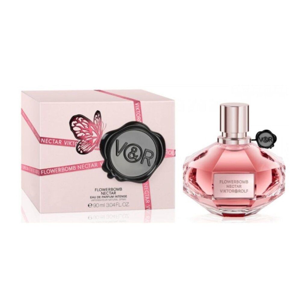 Rosafarbene Schachtel und Flakon. Aufschrift: Flowerbomb Nectar Viktor & Rolf. Schwarzes Siegel mit V&R-Logo. Schmetterling.