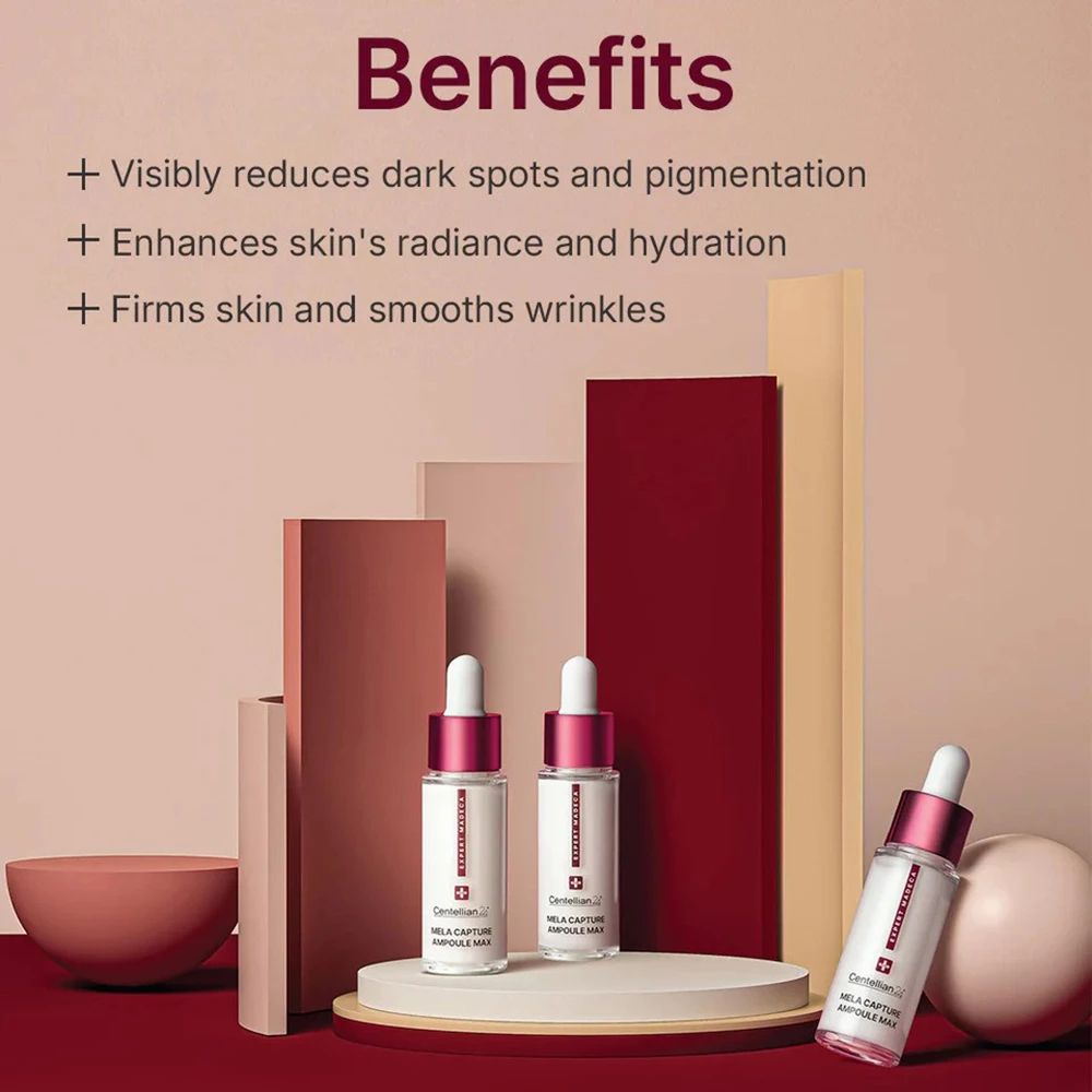 Drei Serumflaschen mit rotem Deckel und Pipette. Beschriftung: Expert Madeca, Centellian 24, Mela Capture Ampoule Max. Hintergrund mit Text.