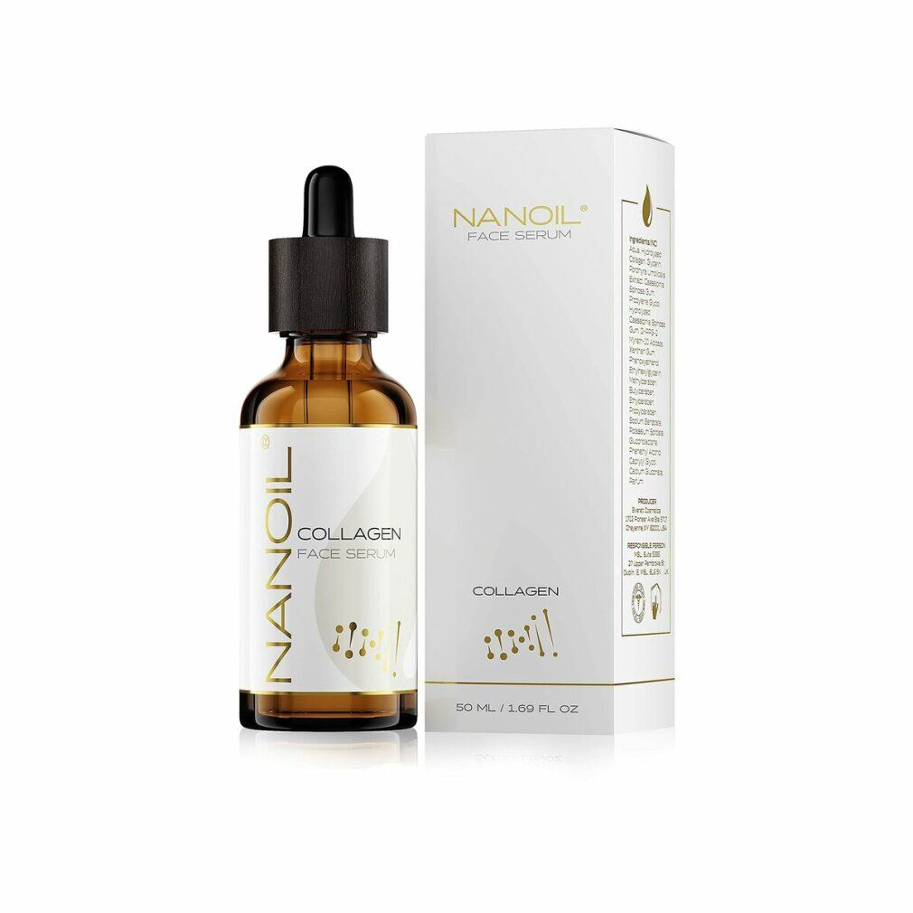 Braune Glasflasche und Schachtel. Auf der Flasche steht "Nanoil Collagen Face Serum".