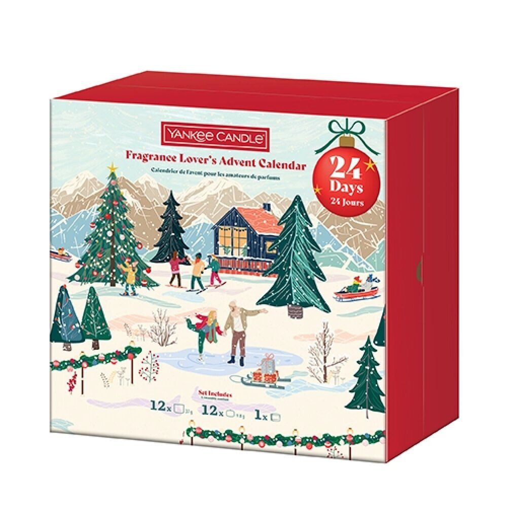 Adventskalender Rotes Buch. Roter Karton mit Winterlandschaft und Text. Enthält 24 Tage. Marke Yankee Candle.
