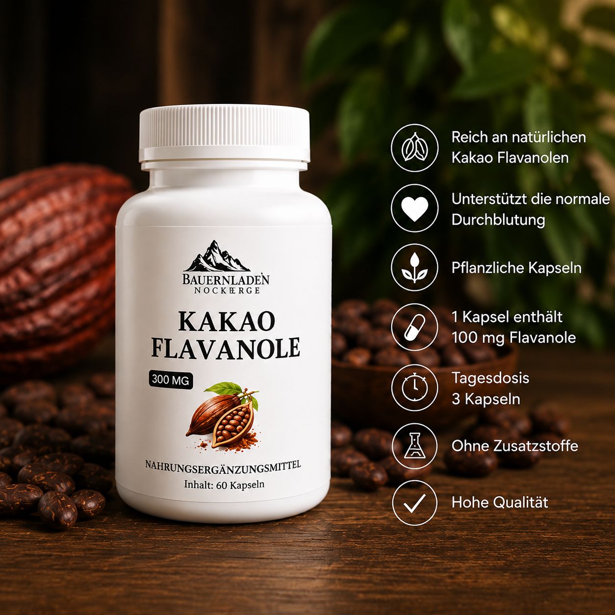 Dose Kakaoflanole 300 mg, 60 Kapseln. Reich an natürlichen Kakaoflanolen, pflanzliche Kapseln.