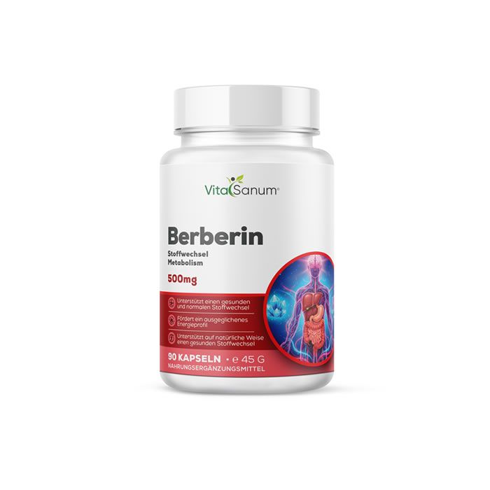 Weiße Flasche mit Kapseln. Aufschrift: VitaSanum Berberin, 500mg. Roter Aufkleber mit Abbildung des menschlichen Körpers.