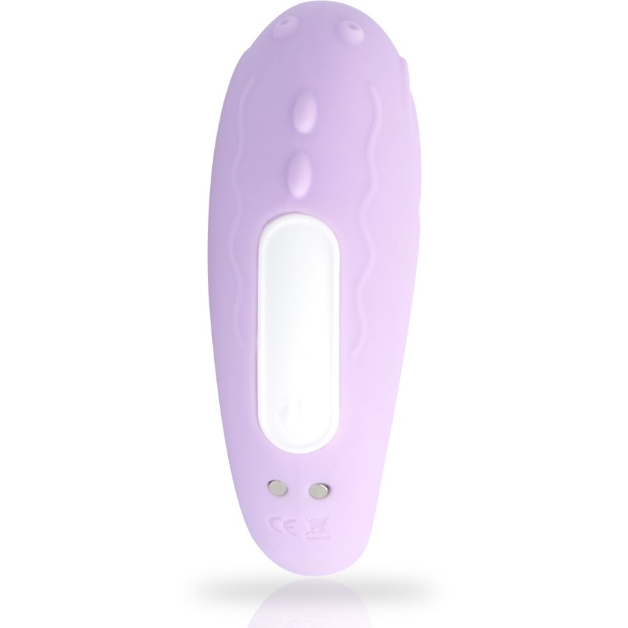 Oberseite eines lila Vibrators mit weißem Streifen und zwei lila Noppen. CE-Zeichen sichtbar.