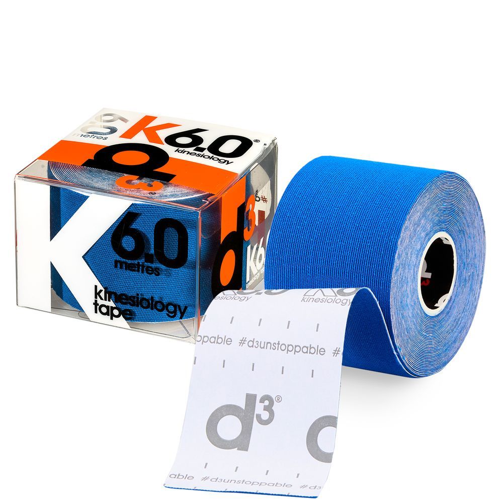 Blaues Kinesiologie-Tape von d3 K6.0, 6 Meter Rolle mit Verpackung.